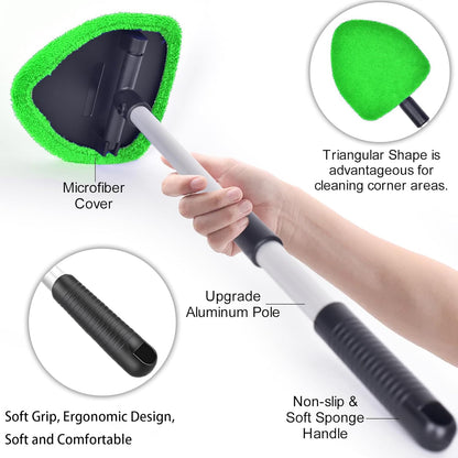 desin Windshield Cleaning Tool, Car Window Cleaner Windshield Cleaner with 4 Reusable and Washable Microfiber Pads and Extendable Handle Auto Inside Glass Wiper Kit