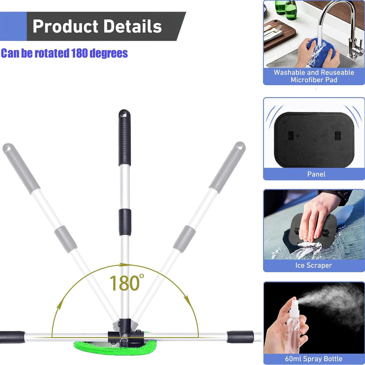 desin Windshield Cleaning Tool, Car Window Cleaner Windshield Cleaner with 4 Reusable and Washable Microfiber Pads and Extendable Handle Auto Inside Glass Wiper Kit