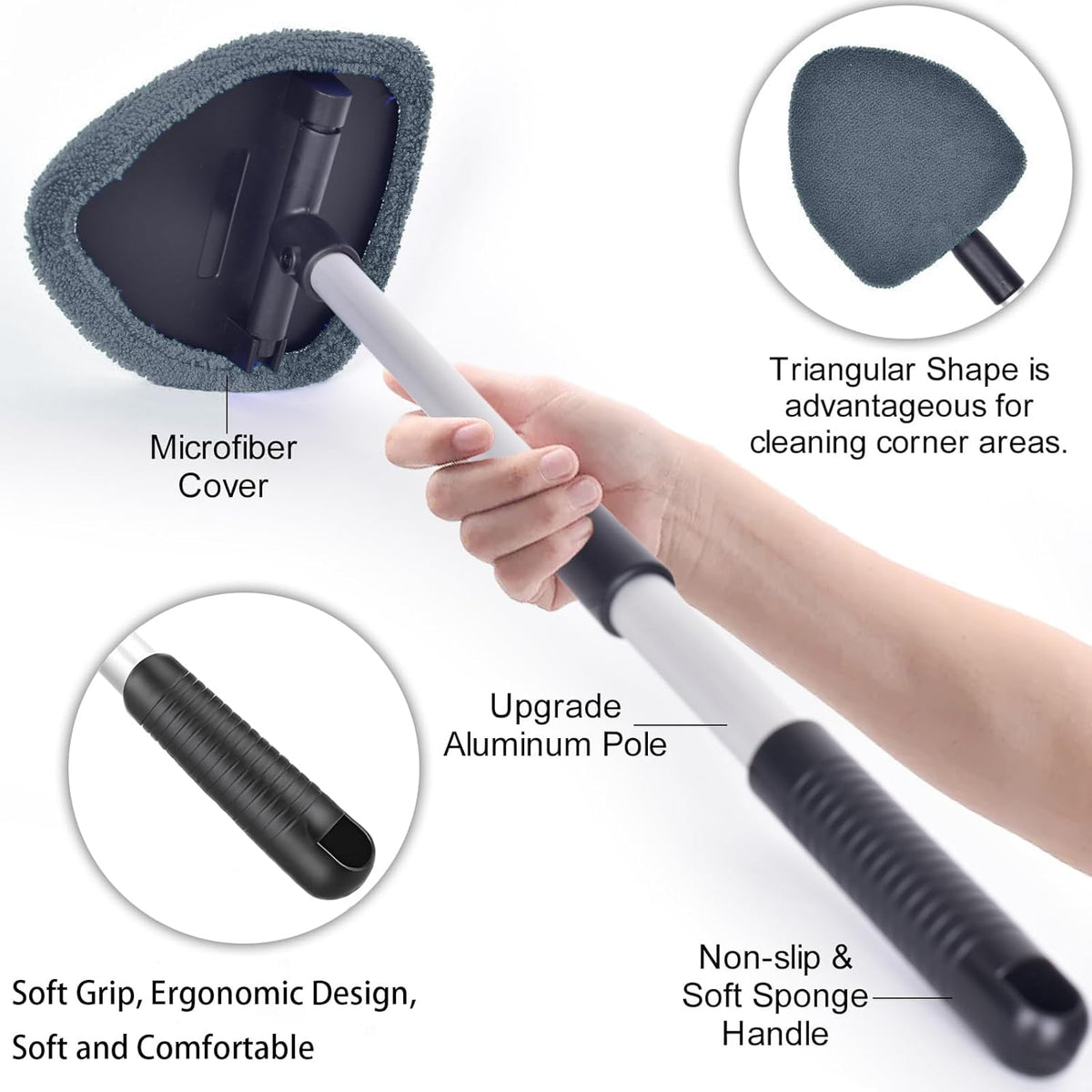 desin Windshield Cleaning Tool, Car Window Cleaner Windshield Cleaner with 4 Reusable and Washable Microfiber Pads and Extendable Handle Auto Inside Glass Wiper Kit