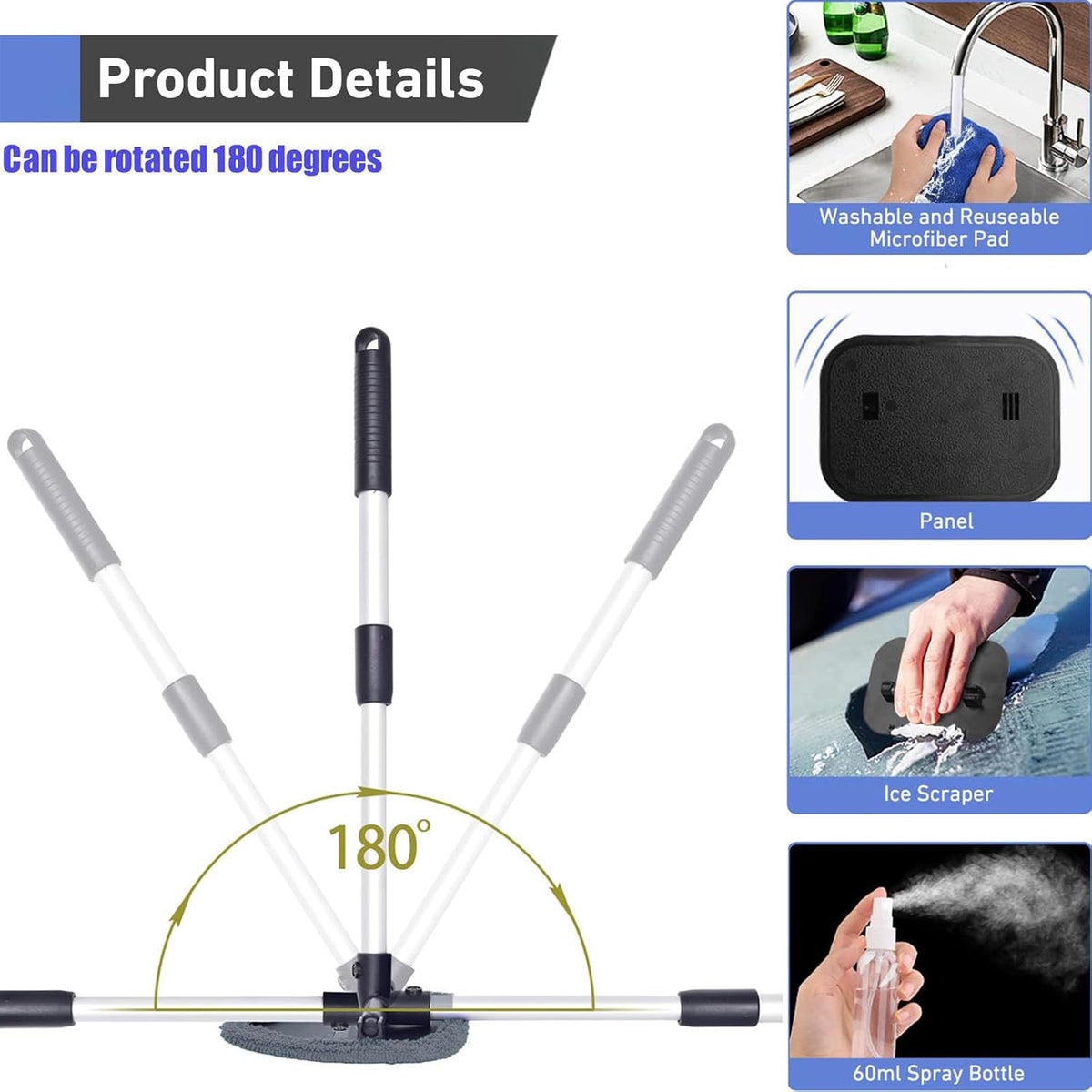 desin Windshield Cleaning Tool, Car Window Cleaner Windshield Cleaner with 4 Reusable and Washable Microfiber Pads and Extendable Handle Auto Inside Glass Wiper Kit