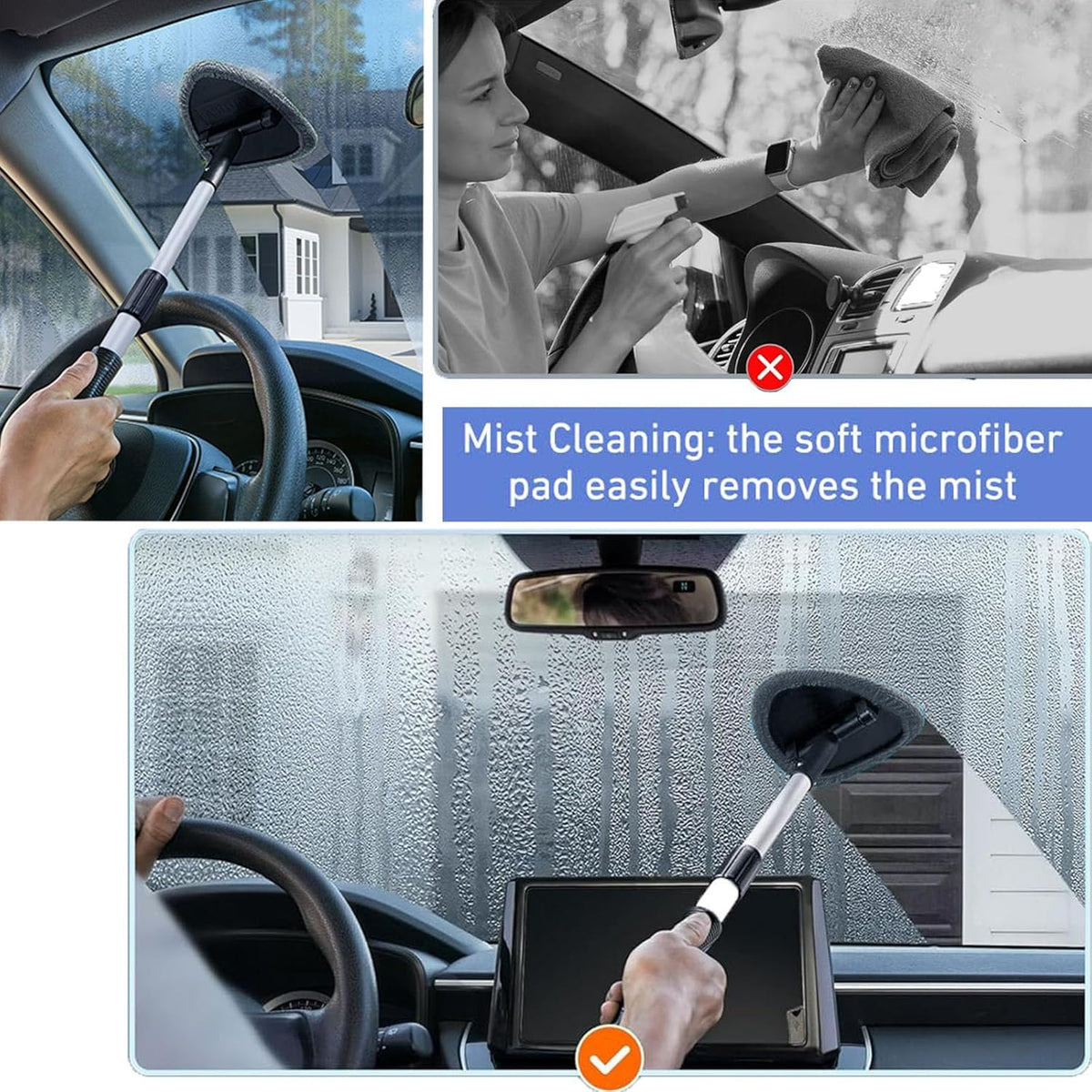 desin Windshield Cleaning Tool, Car Window Cleaner Windshield Cleaner with 4 Reusable and Washable Microfiber Pads and Extendable Handle Auto Inside Glass Wiper Kit