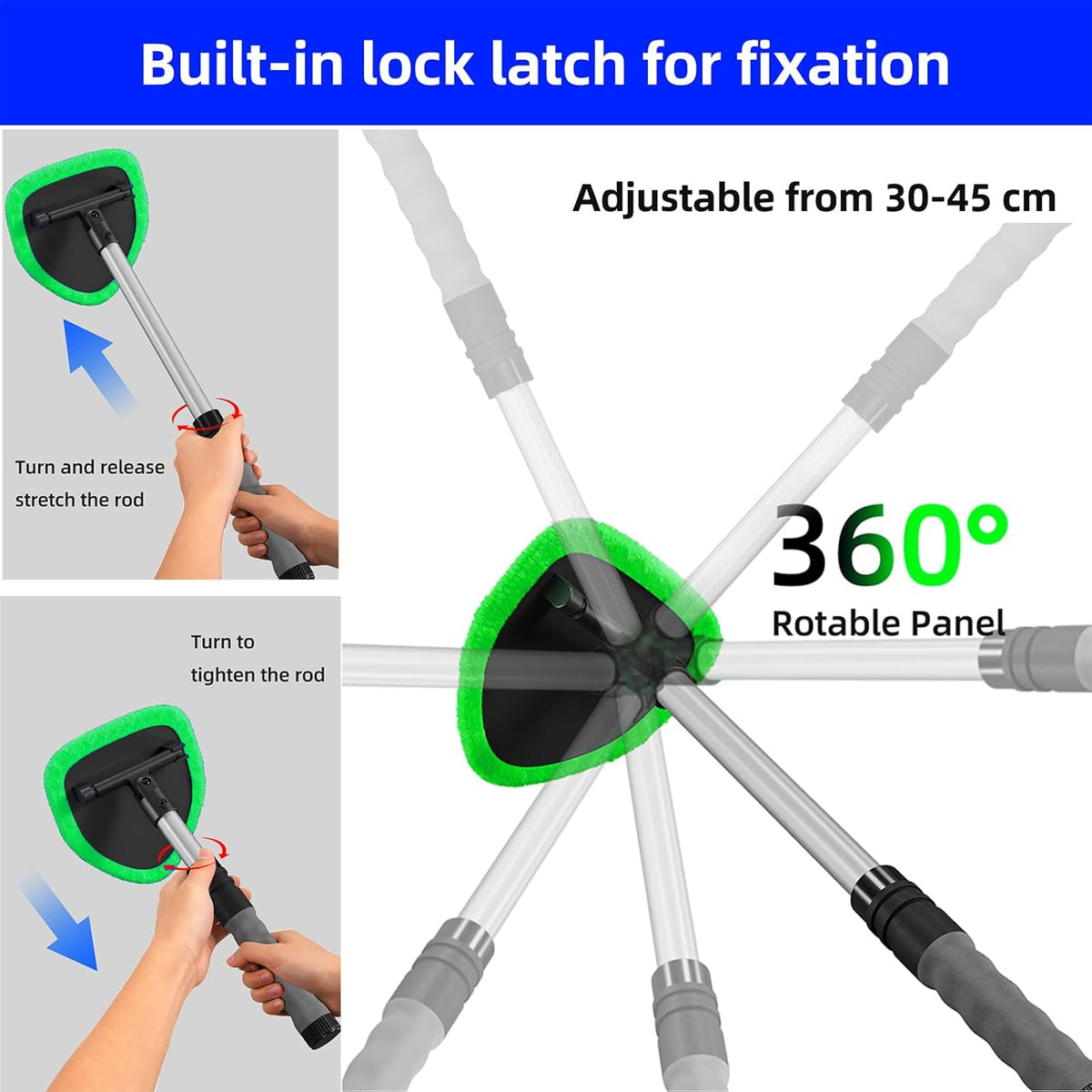desin Windshield Cleaning Tool, Car Window Cleaner Windshield Cleaner with 4 Reusable and Washable Microfiber Pads and Extendable Handle Auto Inside Glass Wiper Kit