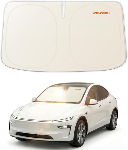 WOLFBOX Foldable Car Windshield Sun Shade, Maximum UV & Heat Shield Front Window Sunshade Visor Protector for Car SUV Truck (Black & Beige, XX-Large 69''x35'')