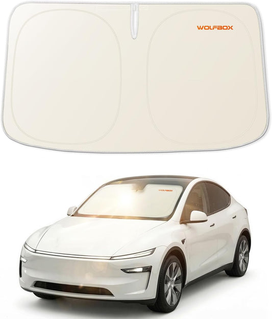 WOLFBOX Foldable Car Windshield Sun Shade, Maximum UV & Heat Shield Front Window Sunshade Visor Protector for Car SUV Truck (Black & Beige, XX-Large 69''x35'')