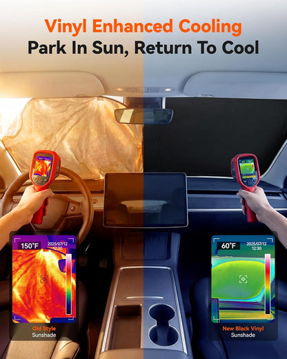 WOLFBOX Foldable Car Windshield Sun Shade, Maximum UV & Heat Shield Front Window Sunshade Visor Protector for Car SUV Truck (Black & Beige, XX-Large 69''x35'')