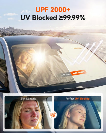 WOLFBOX Foldable Car Windshield Sun Shade, Maximum UV & Heat Shield Front Window Sunshade Visor Protector for Car SUV Truck (Black & Beige, XX-Large 69''x35'')