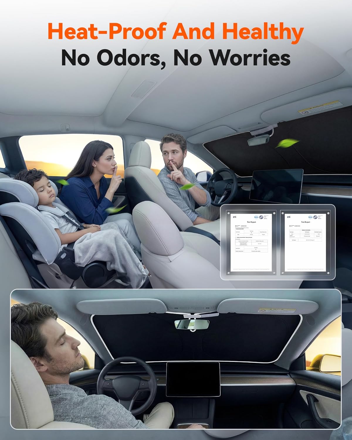 WOLFBOX Foldable Car Windshield Sun Shade, Maximum UV & Heat Shield Front Window Sunshade Visor Protector for Car SUV Truck (Black & Beige, XX-Large 69''x35'')