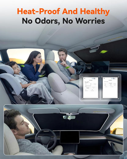 WOLFBOX Foldable Car Windshield Sun Shade, Maximum UV & Heat Shield Front Window Sunshade Visor Protector for Car SUV Truck (Black & Beige, XX-Large 69''x35'')