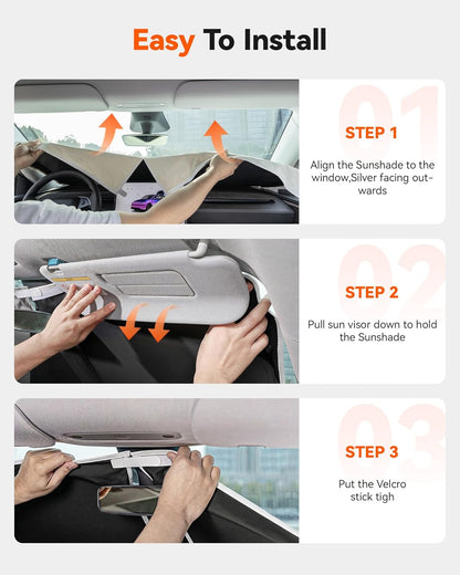 WOLFBOX Foldable Car Windshield Sun Shade, Maximum UV & Heat Shield Front Window Sunshade Visor Protector for Car SUV Truck (Black & Beige, XX-Large 69''x35'')