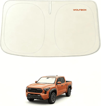 WOLFBOX Foldable Car Windshield Sun Shade, Maximum UV & Heat Shield Front Window Sunshade Visor Protector for Car SUV Truck (Black & Beige, XX-Large 69''x35'')