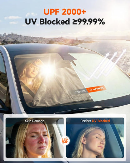 WOLFBOX Foldable Car Windshield Sun Shade, Maximum UV & Heat Shield Front Window Sunshade Visor Protector for Car SUV Truck (Black & Beige, XX-Large 69''x35'')