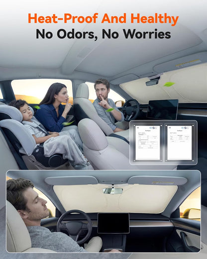 WOLFBOX Foldable Car Windshield Sun Shade, Maximum UV & Heat Shield Front Window Sunshade Visor Protector for Car SUV Truck (Black & Beige, XX-Large 69''x35'')