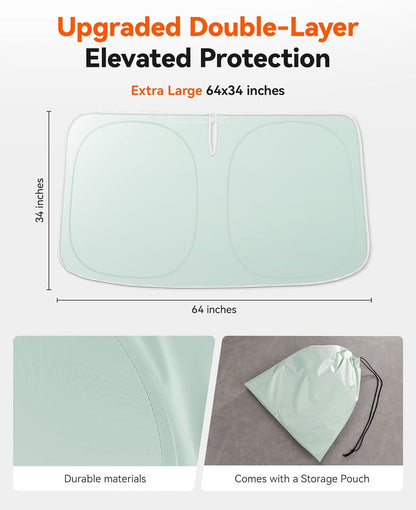 WOLFBOX Foldable Car Windshield Sun Shade, Maximum UV & Heat Shield Front Window Sunshade Visor Protector for Car SUV Truck (Black & Beige, XX-Large 69''x35'')