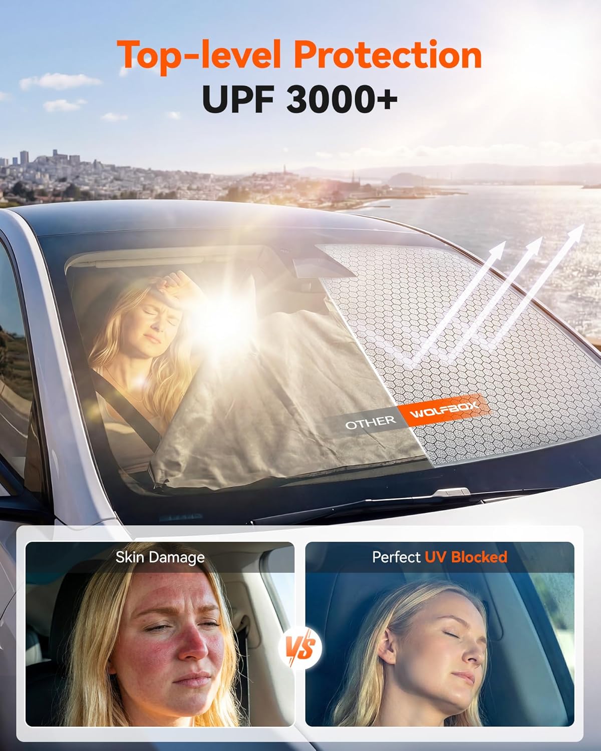 WOLFBOX Foldable Car Windshield Sun Shade, Maximum UV & Heat Shield Front Window Sunshade Visor Protector for Car SUV Truck (Black & Beige, XX-Large 69''x35'')