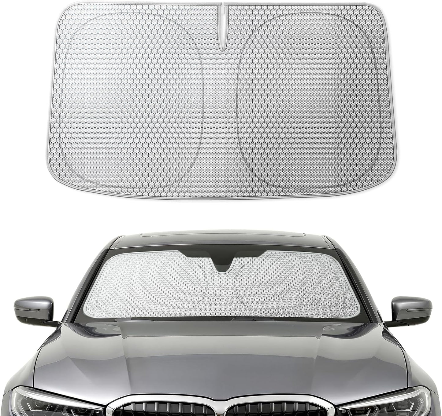 WOLFBOX Foldable Car Windshield Sun Shade, Maximum UV & Heat Shield Front Window Sunshade Visor Protector for Car SUV Truck (Black & Beige, XX-Large 69''x35'')