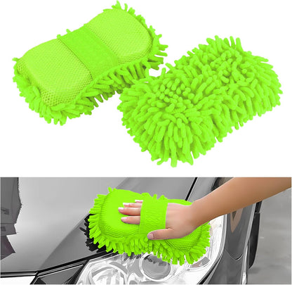 2PCS Microfiber Car Wash Sponge, Double Sided Chenille Microfiber Car Wash Mitt, Scratch Free & Lint Free, Absorbent Automotive Washing Sponges, Auto Cleaning Supplies (Green)
