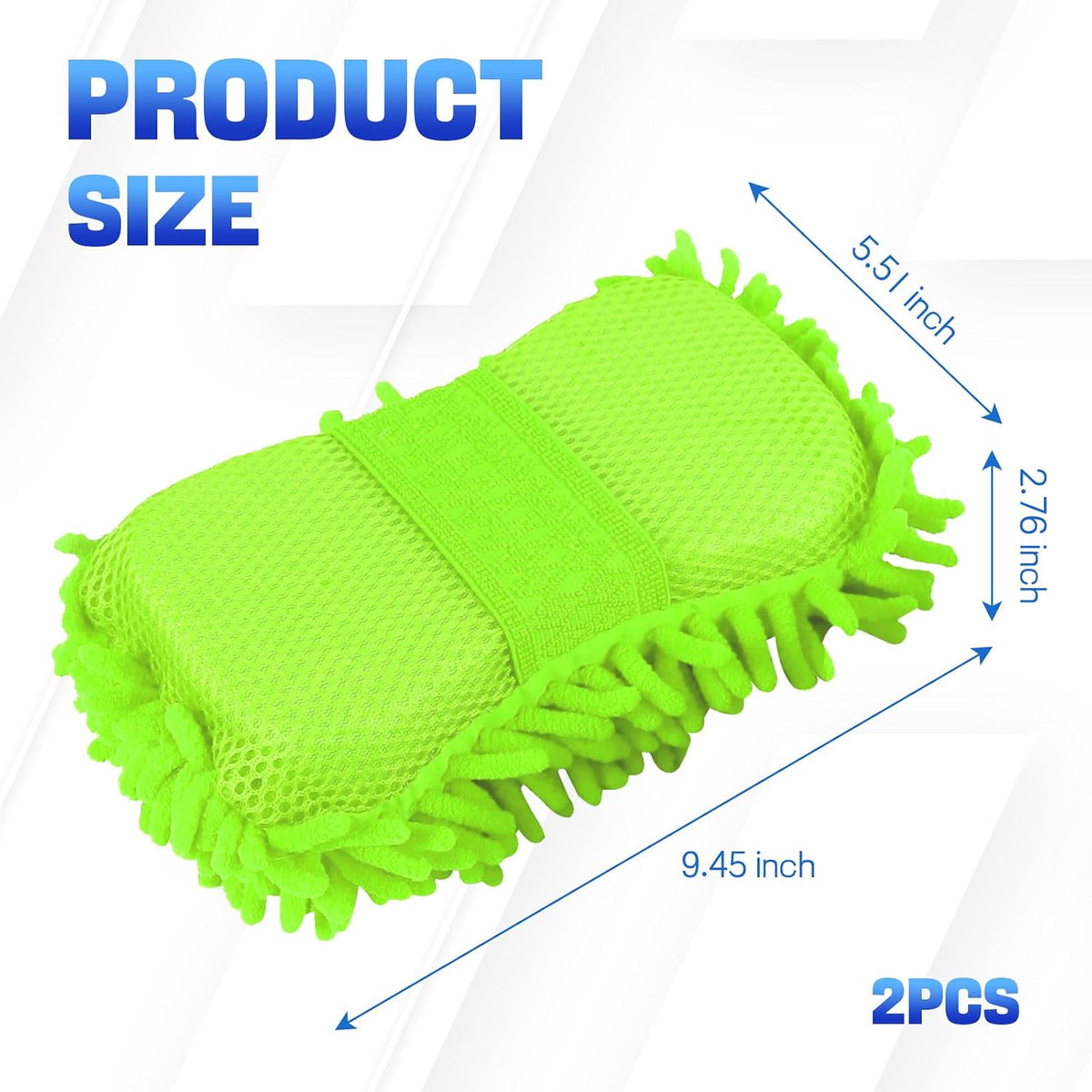 2PCS Microfiber Car Wash Sponge, Double Sided Chenille Microfiber Car Wash Mitt, Scratch Free & Lint Free, Absorbent Automotive Washing Sponges, Auto Cleaning Supplies (Green)