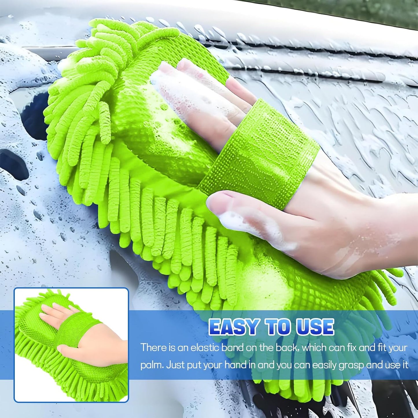 2PCS Microfiber Car Wash Sponge, Double Sided Chenille Microfiber Car Wash Mitt, Scratch Free & Lint Free, Absorbent Automotive Washing Sponges, Auto Cleaning Supplies (Green)