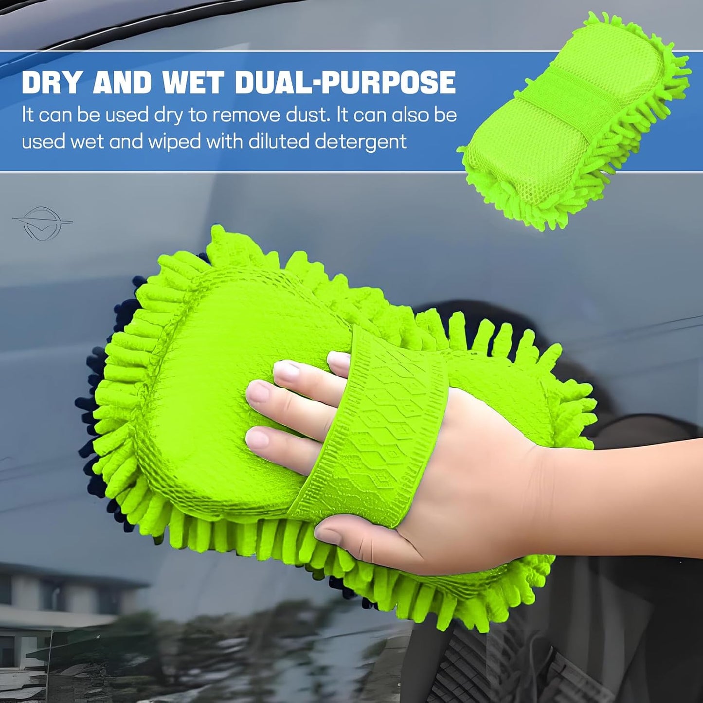 2PCS Microfiber Car Wash Sponge, Double Sided Chenille Microfiber Car Wash Mitt, Scratch Free & Lint Free, Absorbent Automotive Washing Sponges, Auto Cleaning Supplies (Green)