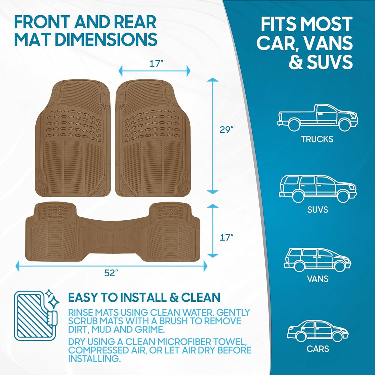 BDK ProLiner Car Floor Mats for Cars Trucks SUV, 3-Piece All-Weather Heavy Duty Rubber Liners with Universal Trimmable Fit, Durable Waterproof Vehicle Auto Floor Mats with Capture Ridges Black