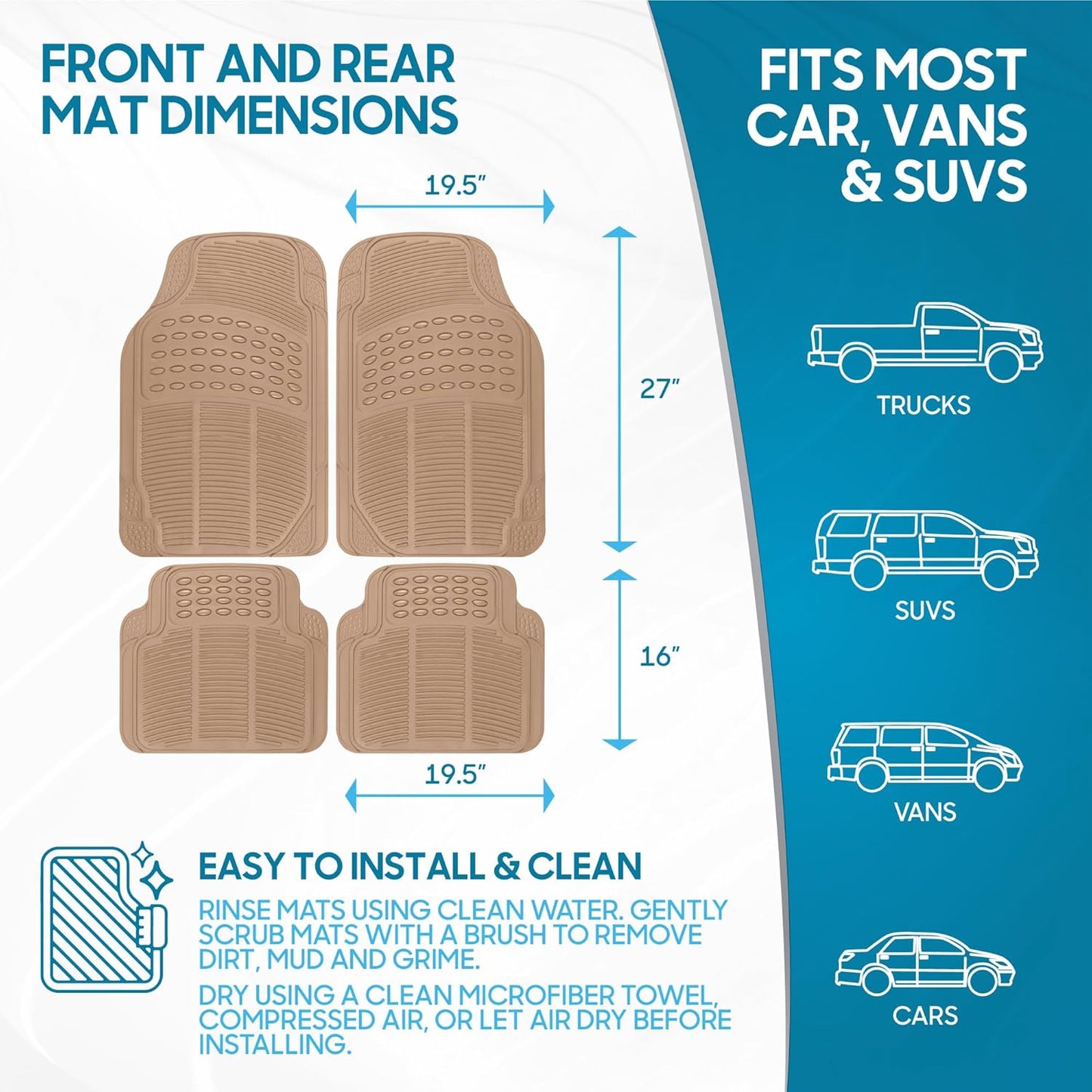 BDK ProLiner Car Floor Mats for Cars Trucks SUV, 3-Piece All-Weather Heavy Duty Rubber Liners with Universal Trimmable Fit, Durable Waterproof Vehicle Auto Floor Mats with Capture Ridges Black