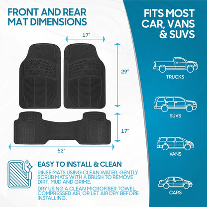BDK ProLiner Car Floor Mats for Cars Trucks SUV, 3-Piece All-Weather Heavy Duty Rubber Liners with Universal Trimmable Fit, Durable Waterproof Vehicle Auto Floor Mats with Capture Ridges Black