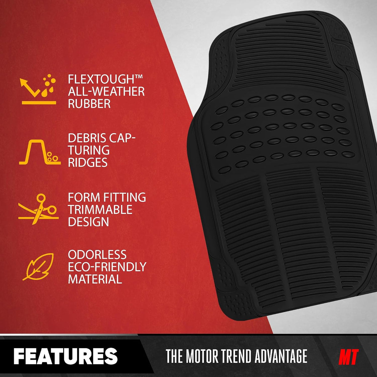 BDK ProLiner Car Floor Mats for Cars Trucks SUV, 3-Piece All-Weather Heavy Duty Rubber Liners with Universal Trimmable Fit, Durable Waterproof Vehicle Auto Floor Mats with Capture Ridges Black