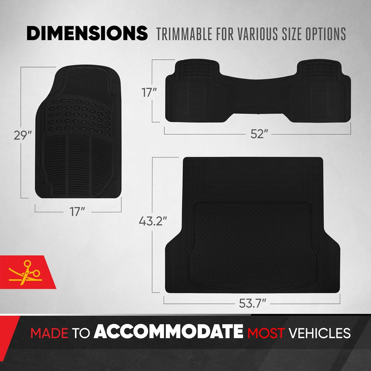 BDK ProLiner Car Floor Mats for Cars Trucks SUV, 3-Piece All-Weather Heavy Duty Rubber Liners with Universal Trimmable Fit, Durable Waterproof Vehicle Auto Floor Mats with Capture Ridges Black