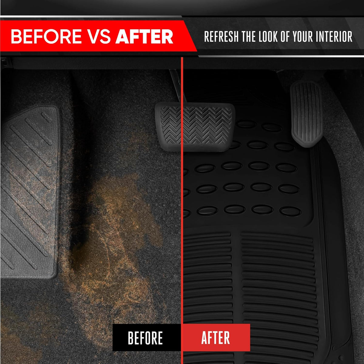 BDK ProLiner Car Floor Mats for Cars Trucks SUV, 3-Piece All-Weather Heavy Duty Rubber Liners with Universal Trimmable Fit, Durable Waterproof Vehicle Auto Floor Mats with Capture Ridges Black
