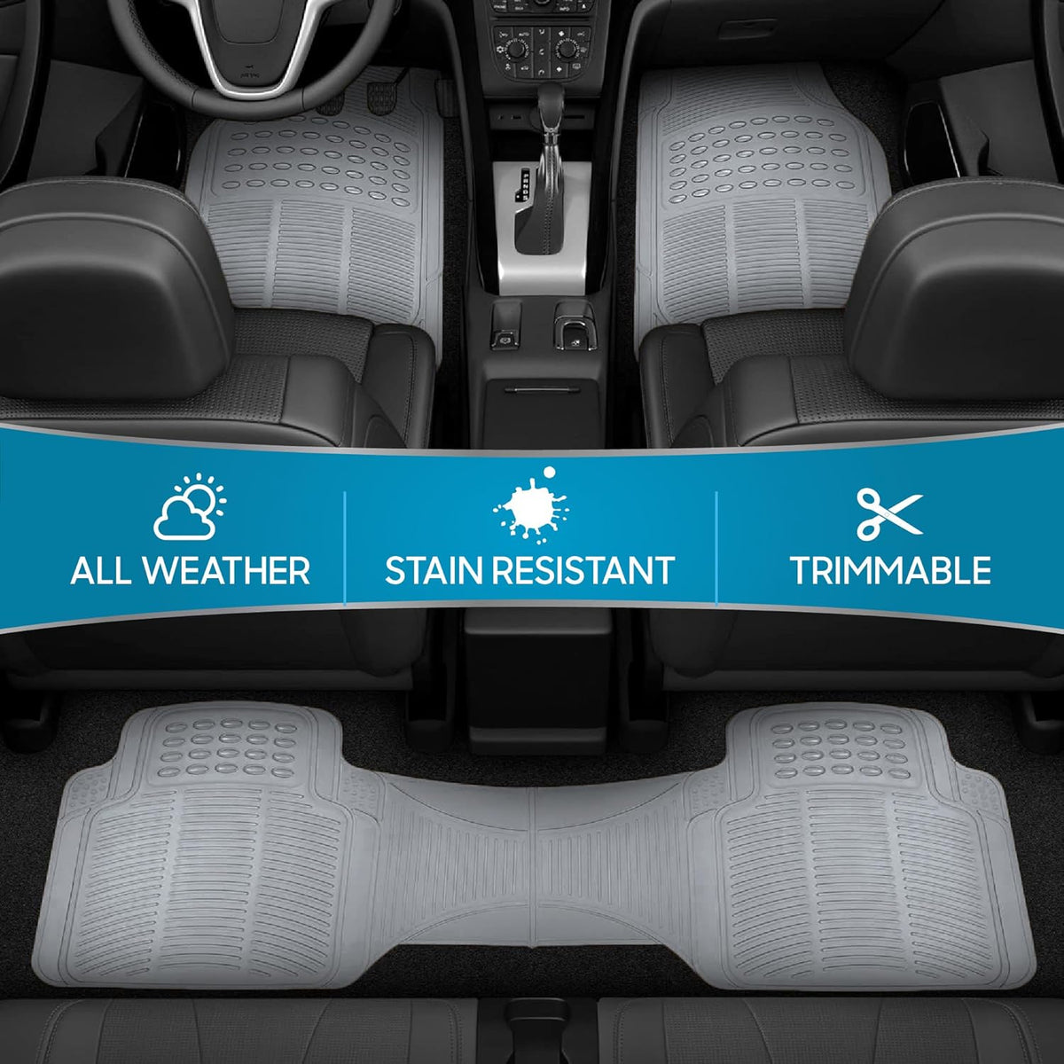 BDK ProLiner Car Floor Mats for Cars Trucks SUV, 3-Piece All-Weather Heavy Duty Rubber Liners with Universal Trimmable Fit, Durable Waterproof Vehicle Auto Floor Mats with Capture Ridges Black