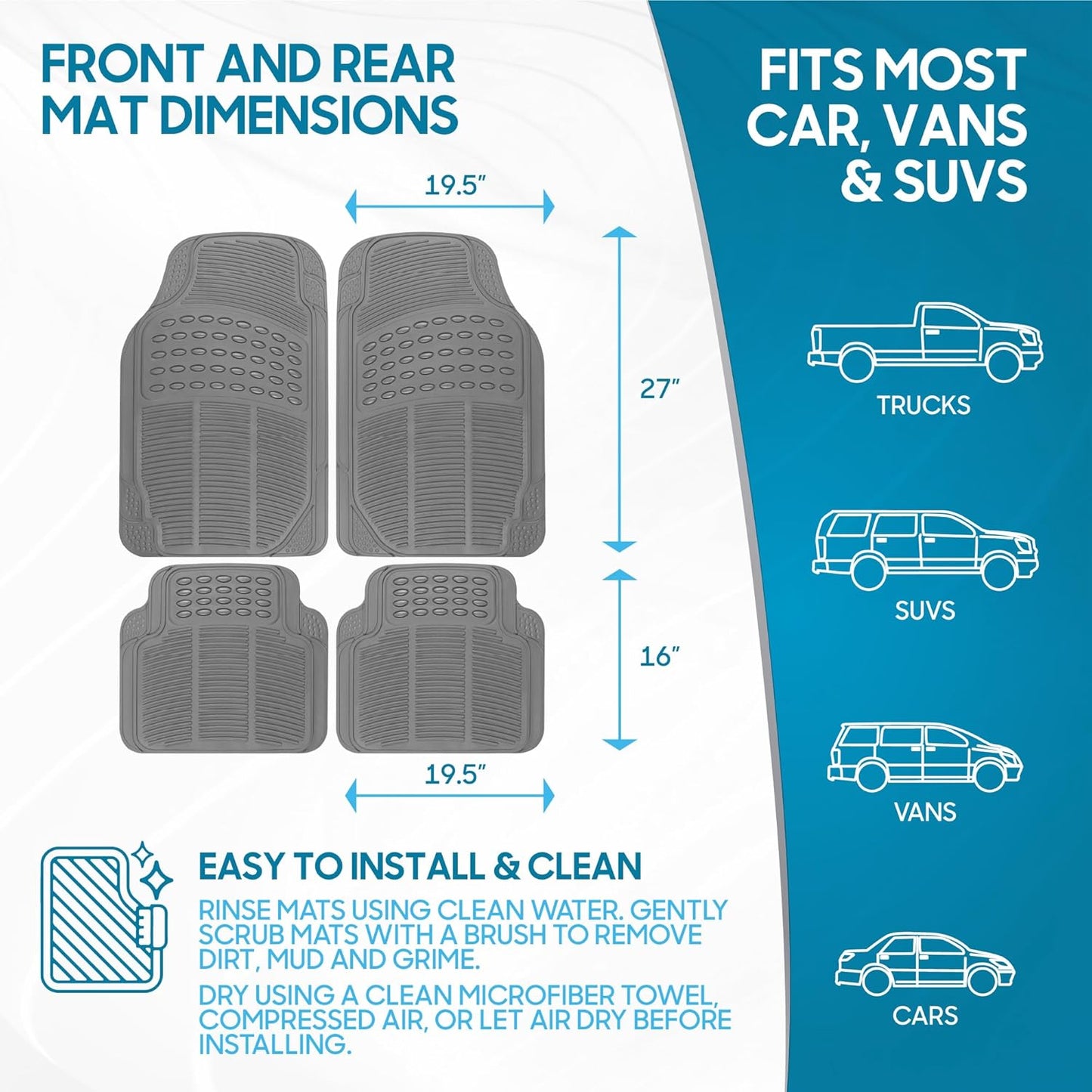 BDK ProLiner Car Floor Mats for Cars Trucks SUV, 3-Piece All-Weather Heavy Duty Rubber Liners with Universal Trimmable Fit, Durable Waterproof Vehicle Auto Floor Mats with Capture Ridges Black