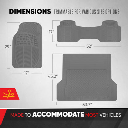BDK ProLiner Car Floor Mats for Cars Trucks SUV, 3-Piece All-Weather Heavy Duty Rubber Liners with Universal Trimmable Fit, Durable Waterproof Vehicle Auto Floor Mats with Capture Ridges Black